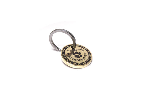 Pet ID Tag Personalised Engraved Polished Brass Paw Dog Round design by PawGear