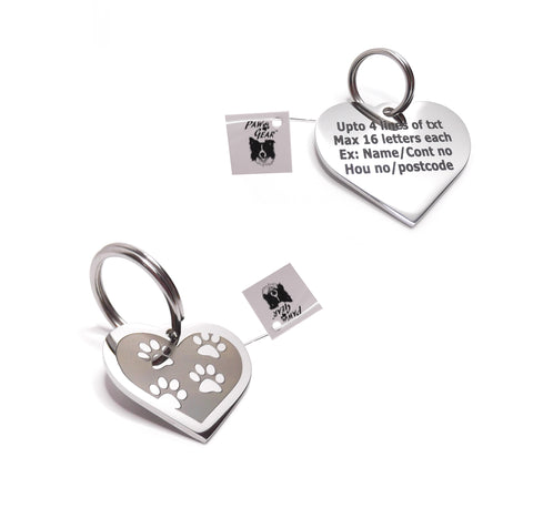 PawGear Pet ID Tag Personalised Engraved Polished Stainless Steel Heart Walking Paws Dog Cat