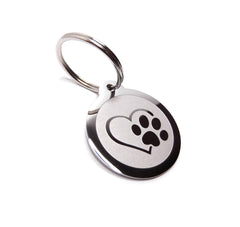 PawGear Pet ID Tags Personalised Engraved Polished Stainless Steel Paw Heart Design Round Dog Cat (Paw/Heart inset Round)