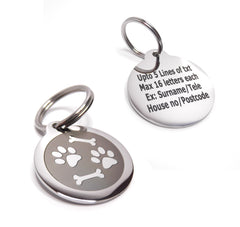 PawGear Pet ID Tags Personalised Engraved Polished Stainless Steel Round Dog Cat ( Pawprints and Bones )
