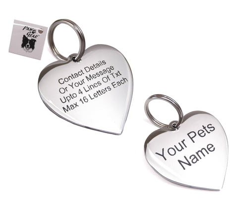 PawGear Pet ID Tag Personalised Engraved Polished Stainless Steel Heart Dog Cat