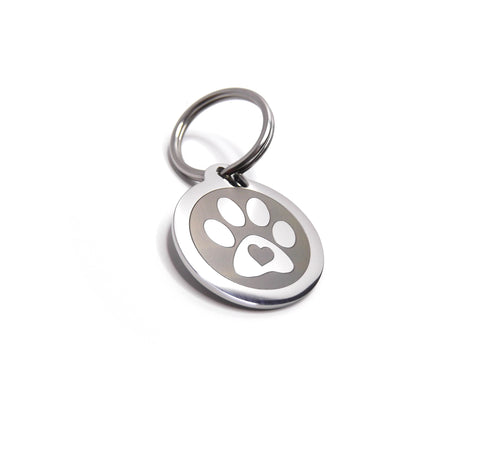 PawGear Pet ID Tags Personalised Engraved Polished Stainless Steel Round Dog Cat ( Pawprint with little heart )