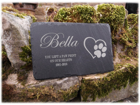 Memorial Plaque Personalised Engraved Natural Slate Heart/Paw Pet Grave Marker